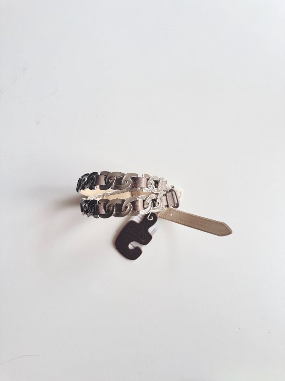 NWT PUNTO FIBBIA Taupe Leather Enamel Silver Tone Chain Skinny Belt